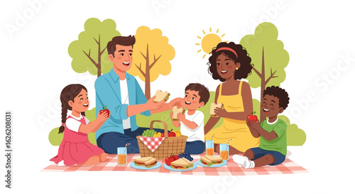 Happy family enjoying a sunny picnic in the park with sandwiches and fruit.