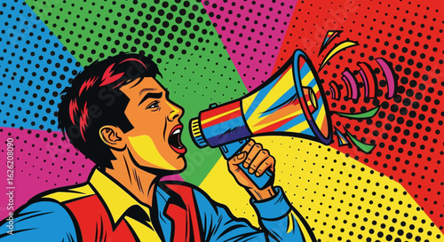 Man shouting into a colorful retro pop art megaphone.