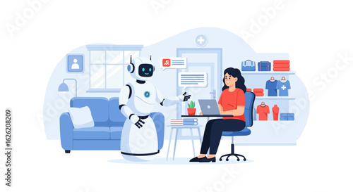 Robot assisting woman with laptop in modern home office setting.