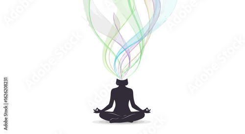 Silhouette of Person Meditating with Colorful Energy Streams Emanating from Head.