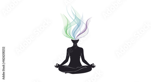 Silhouette of a person meditating with colorful energy emanating from their head.