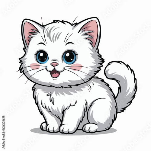 Illustration of a cute white kitten with blue eyes and pink cheeks sitting and smiling happily looking forward
