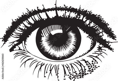 Detailed black and white illustration of a human eye with intricate iris and eyelashes