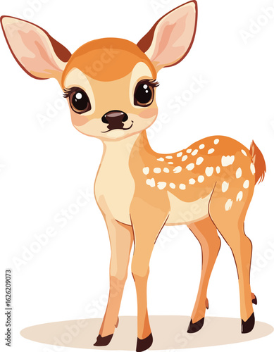 Adorable baby deer with big eyes and spotted fur standing on white background