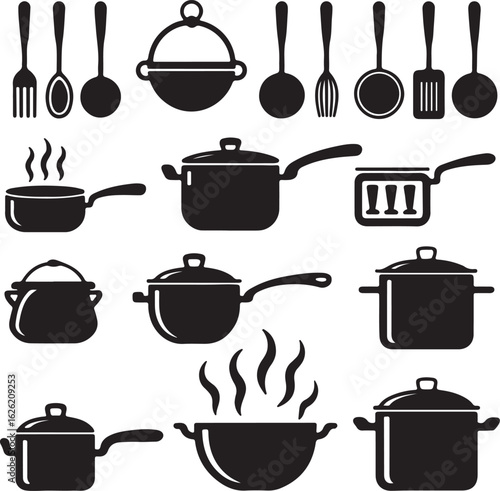 Kitchen utensils and cookware silhouette collection pots pans