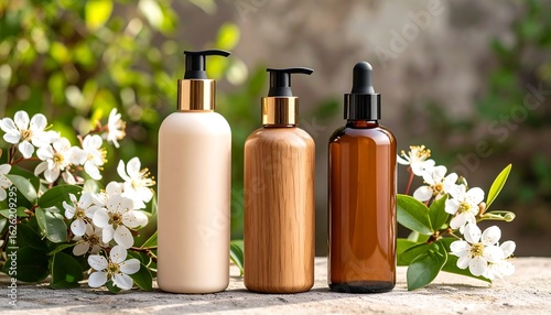 Wallpaper Mural Three Elegant Bottles with Flowers, Natural Skincare Products, and Greenery. Torontodigital.ca