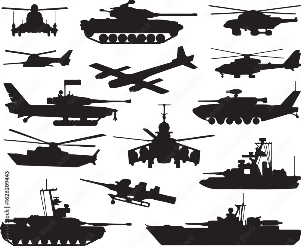 Fototapeta premium Military vehicles and aircraft silhouettes helicopter tank