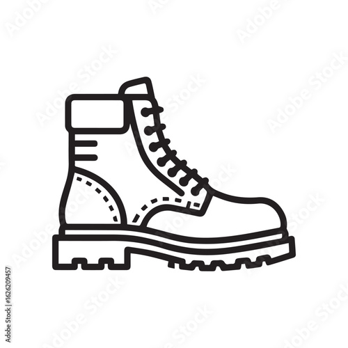 Isolated line art of a leather work boot with laces
