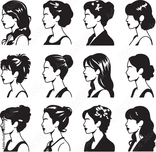 Twelve female profiles with varied hairstyles and necklines silhouette