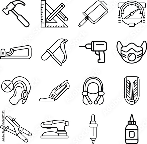 Vector art of woodworking tools icons featuring a hammer, square, mallet, compass, plier, clamp, drill, mask, earmuff, scraper, goggles, holster, nipper, polisher, oiler and glue isolated on white bac