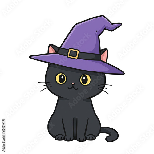 Cute black cat wearing a purple witch hat a funny halloween character and cartoon mascot