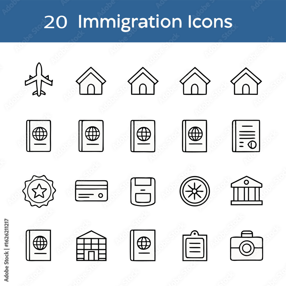 Immigration Icons Set: A collection of meticulously crafted line art icons representing key aspects of immigration, meticulously designed for visual communication and informational purposes. Immigration Icons Set: A collection of meticulously crafted line art icons representing key aspects of immigration, meticulously designed for visual communication and informational purposes.