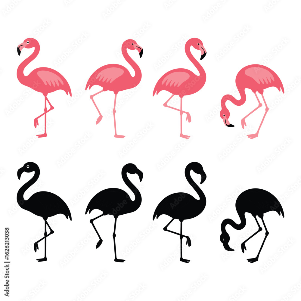 Fototapeta premium Pink and black silhouette flamingos.