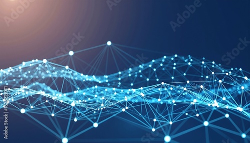 A vibrant blue network featuring interconnected white dots and lines, creating a dynamic web-like structure that symbolizes connectivity and technology.