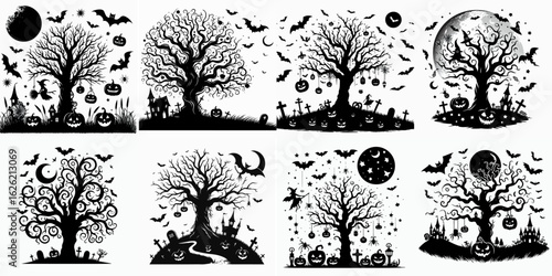 halloween tree set vector illustration