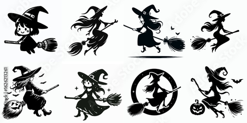 vector illustration of a witch riding a halloween broom