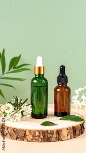 A small glass bottle of essential oil sits elegantly beside a cluster of vibrant, fragrant flowers, showcasing nature's beauty and tranquility.