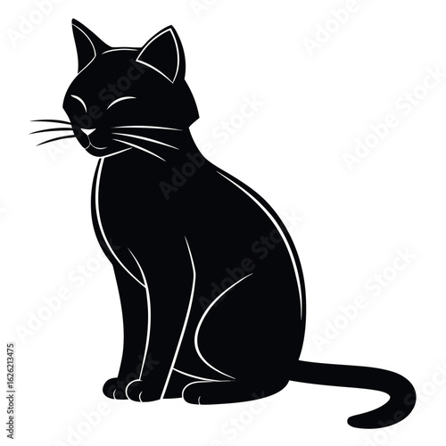 Black Cat Silhouette: A sleek black cat silhouette sits calmly, the embodiment of feline grace, exuding an aura of quiet sophistication and mystery.