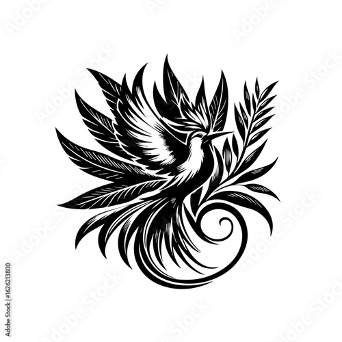 Stylized Phoenix Bird with Elegant Feathers Illustration.