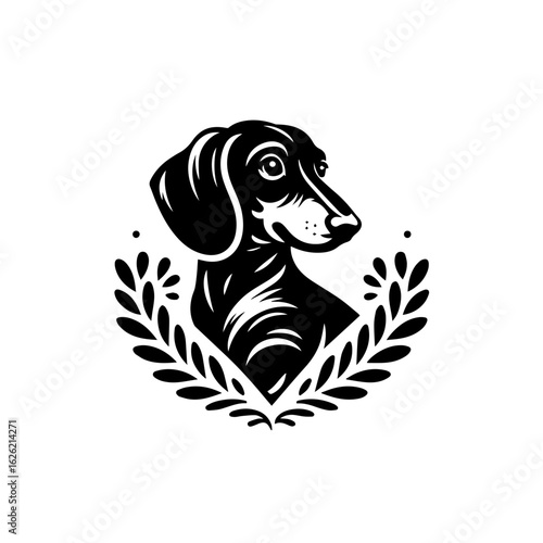 Elegant Dachshund Dog Head Illustration with Laurel Wreath.