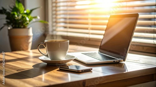 Sunny Morning Workspace: Laptop, Coffee, and Phone