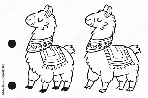 Coloring Pages, cute llama with a scarf, cartoon style, colorless, for coloring book