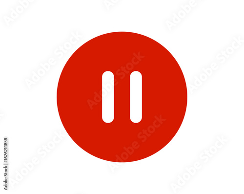 Circular pause button icon with white parallel bars. Minimalist media player control symbol for digital applications