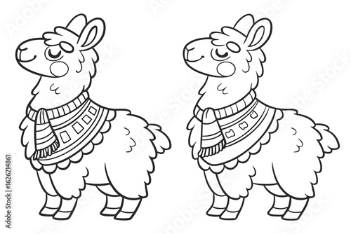 Coloring Pages, cute llama with a scarf, cartoon style, colorless, for coloring book