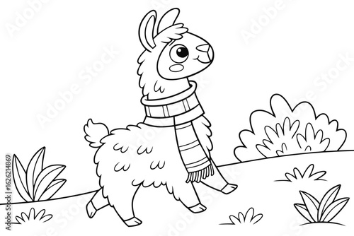 Coloring Pages, cute llama with a scarf, cartoon style, colorless, for coloring book