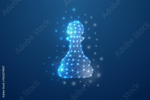 Futuristic polygonal digital chess pawn glowing with blue light, abstract low poly network shape on dark background