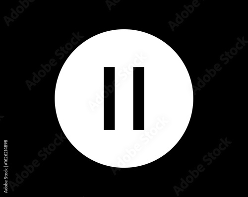 Circular pause button icon with white parallel bars. Minimalist media player control symbol for digital applications