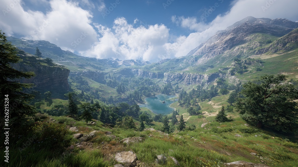 Fototapeta premium Mountain valley vista, lush greenery, tranquil lake