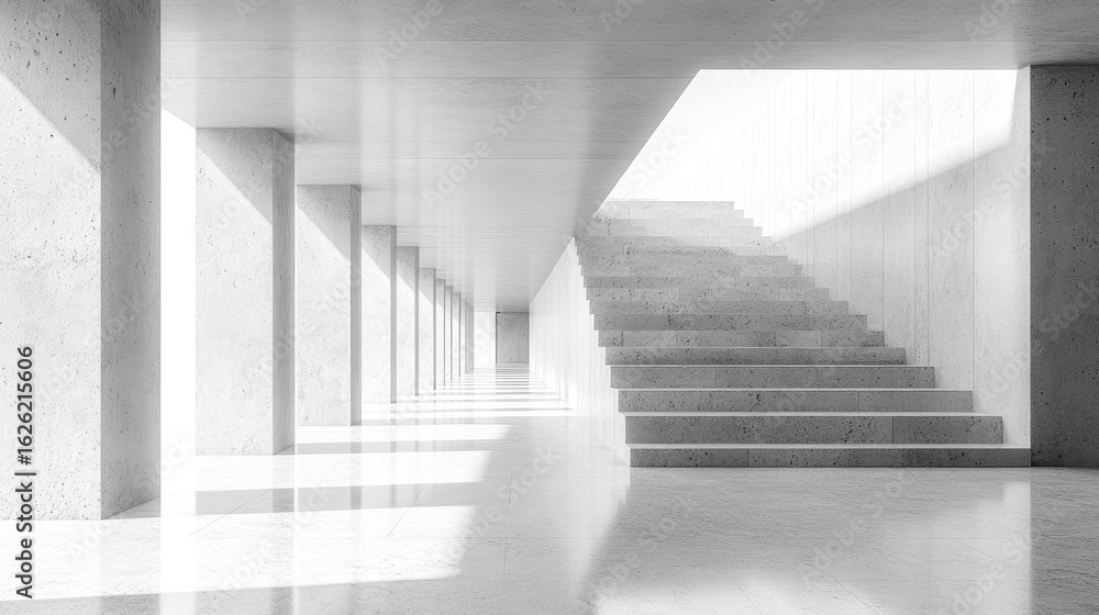 Obraz premium Minimalist White Concrete Staircase and Hallway Interior