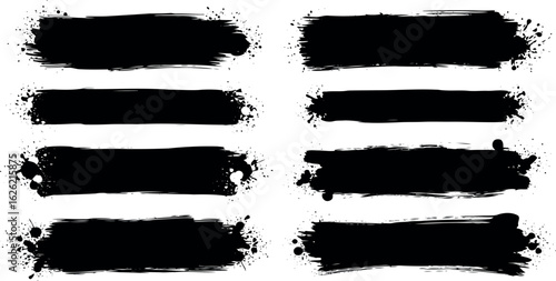 "Grunge Brush Stroke Banners Vector Set – Ink Stencil Lines, Dirty Paint Splashes, Drips, Blots, Rectangular Text Frames, Grungy Callout Elements, Abstract Grunge Borders"