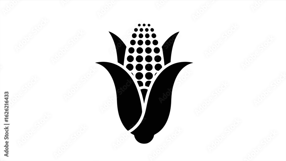 Naklejka premium Stylized White Corn on Cob Icon; Minimalist Black Background; Agricultural Graphic Design Element; Simple, Elegant, and Modern Vector Illustration.