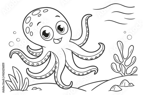 Coloring Pages, cute octopus waving arms, cartoon style, colorless, for kids