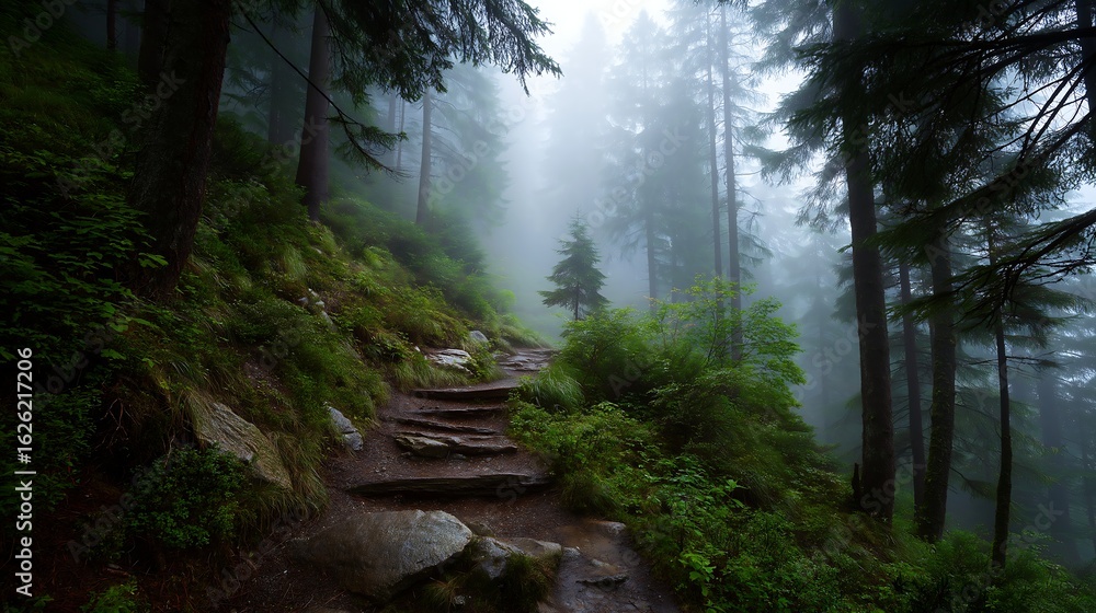 Fototapeta premium Foggy forest hiking trail scenic landscape photography outdoor adventure nature trees travel destination