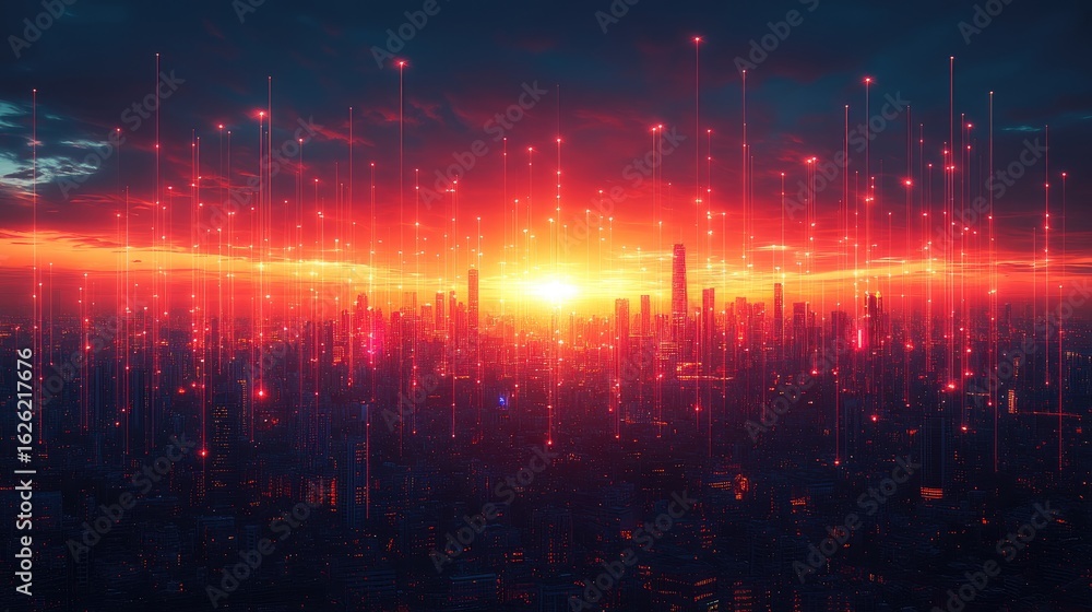 Fototapeta premium Futuristic Cityscape at Sunset with Digital Network