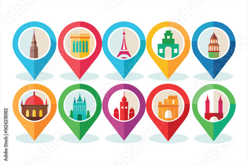 Set of colorful map pin pointers with famous european landmarks like the eiffel tower, brandenburg gate, and colosseum, representing travel destinations, isolated on white background