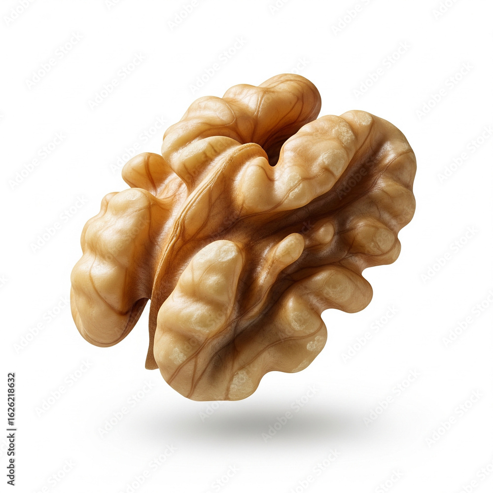 Single walnut kernel suspended mid-air on white background Single walnut kernel suspended mid-air on white background