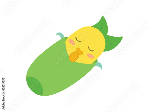 Vector art of cute baby chick sleeping peacefully in a corn cob, isolated on white background.