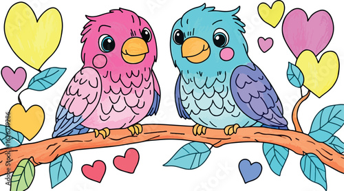 Adorable cartoon pair of colorful lovebirds perched on a branch surrounded by hearts