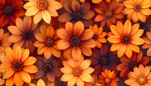 A vibrant background of dense autumn flowers, showcasing a warm tapestry of orange, brown, and yellow blossoms.