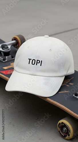 White Baseball Cap with Topi Logo on Skateboard in Indoor Skate Park Mockup