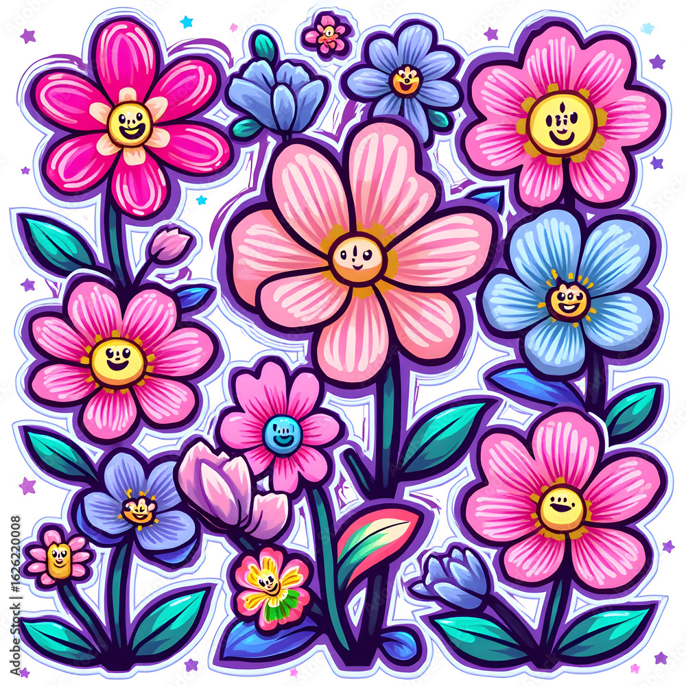 Colorful Flower Cartoon Arrangement with Happy Faces Colorful Flower Cartoon Arrangement with Happy Faces