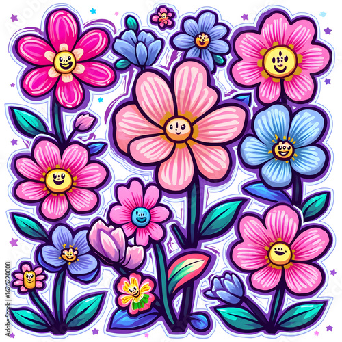 Wallpaper Mural Colorful Flower Cartoon Arrangement with Happy Faces Torontodigital.ca