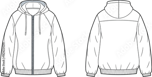 Front and back technical sketch of men's hoodie jacket with zipper, drawstring hood, ribbed hem, long sleeves, vector apparel template, fashion flat design