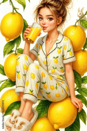Illustration of young woman in lemon pajamas drinking juice
