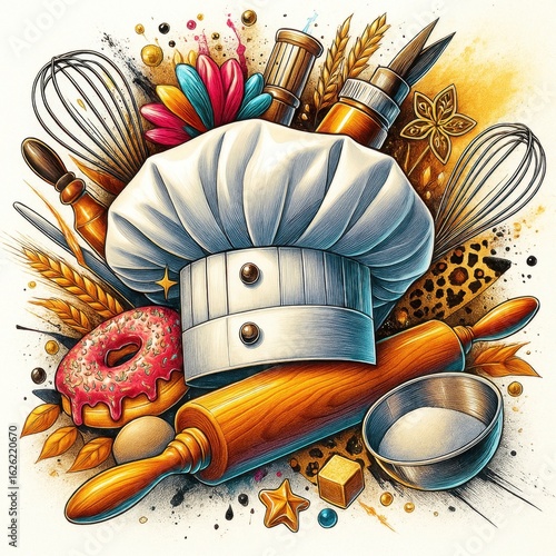 Illustration of baking utensils with chef’s hat and donuts