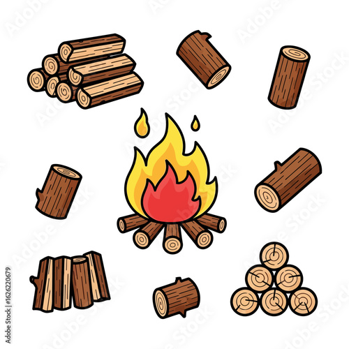 Stylized illustrations of campfires and Wood logs Vector